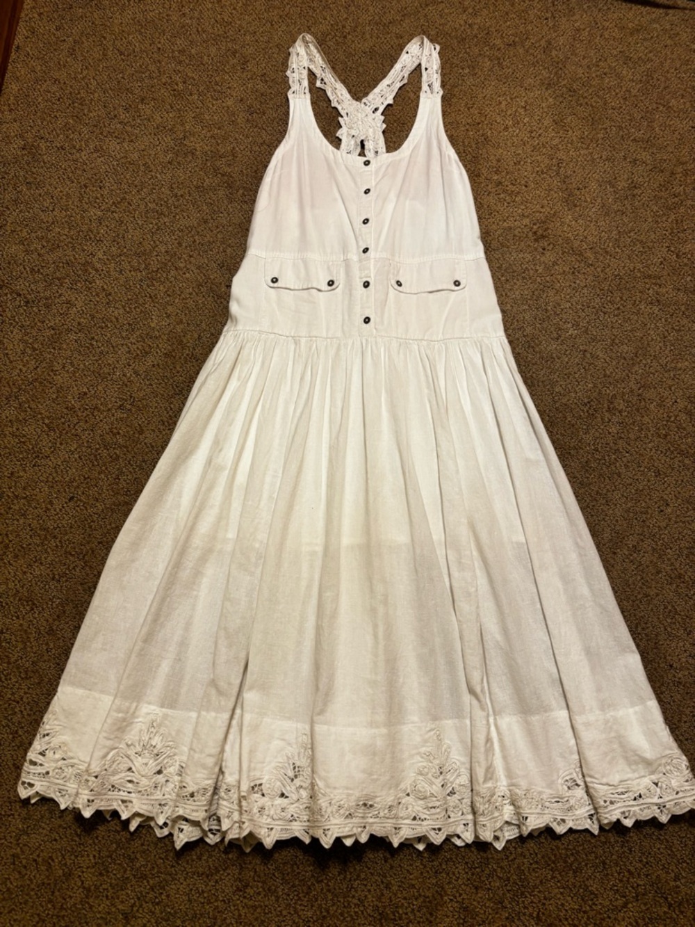 Free People Mayner Linen Cotton Battenburg Lace Trims Midi Dress - Picture 5 of 12